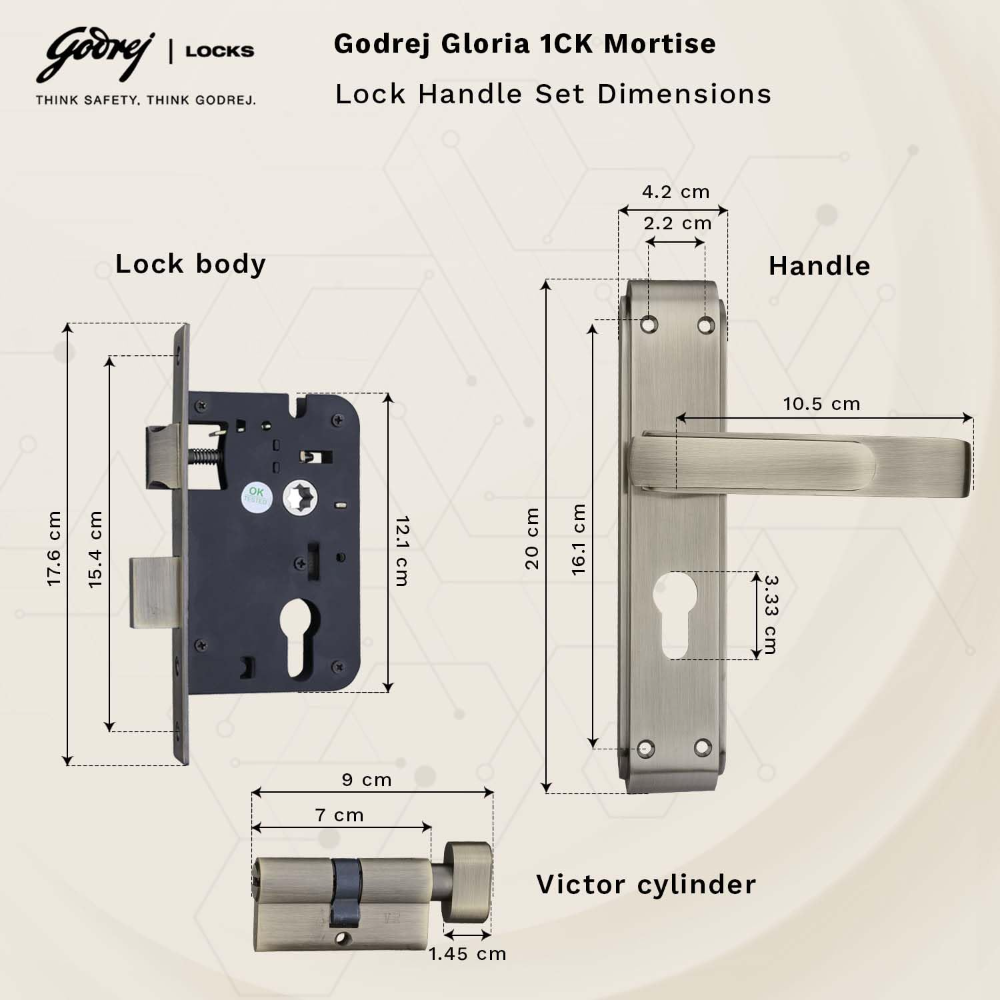 Godrej Mortise Door Lock Handle Set | 200mm 1CK Gloria | 7 Pin